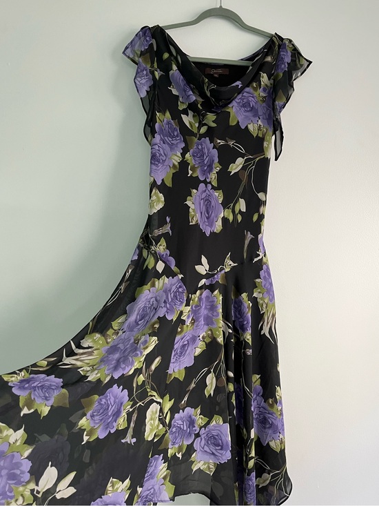 Jessica Dresses & Skirts - 90s Y2K Jessica Black & Purple Floral Whimsical Flowy Fairy Midi Cowl Neck Dress